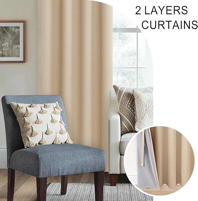 XWZO 100% Blackout Window Curtains with Tiebacks- Privacy Protection & Noise Blocking Window Draperies Grommet Top with Black Liner for Bedroom/Living Room, Biscotti Beige, W38 x L72, Set of 2 Panels