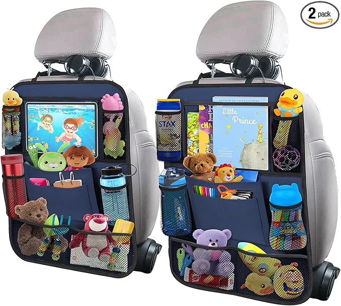 ULEEKA Car Backseat Organizer with 11" Table Holder, 10 Storage Pockets Seat Back Protectors Kick Mats for Kids Toddlers, Travel Accessories, 2 Pack, Blue