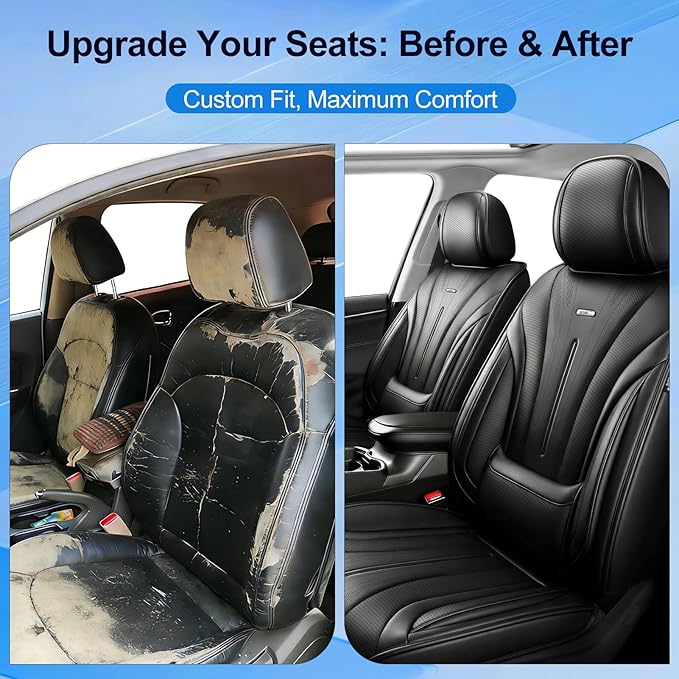 Fit Bolt Car Seat Covers for Select Chevrolet Bolt/Chevy Bolt EUV 2017-2025 - Premium Full Coverage Leather, Airbag Compatible, Waterproof & All Weather Seat Cushion Protector, Full Set, Black