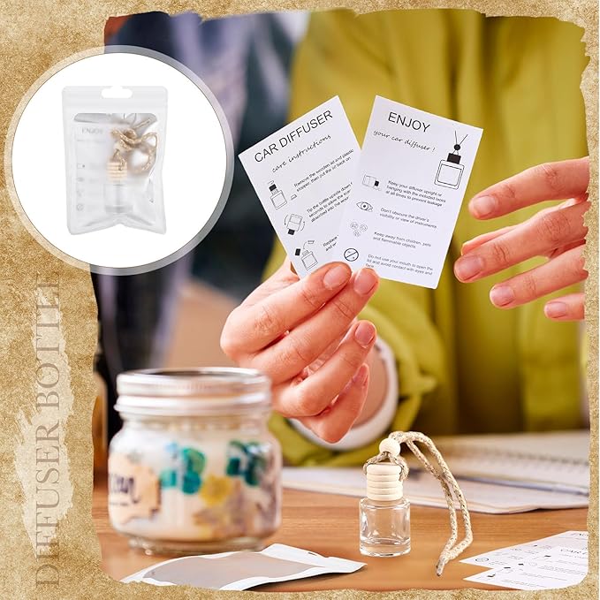 Boao 50 Sets Hanging Car Air Freshener Diffuser Bottles with Instruction Card and 4 x 6'' Resealable Holographic Bag for Empty Car Essential Oil Perfume Bottles Packaging (Cylinder)