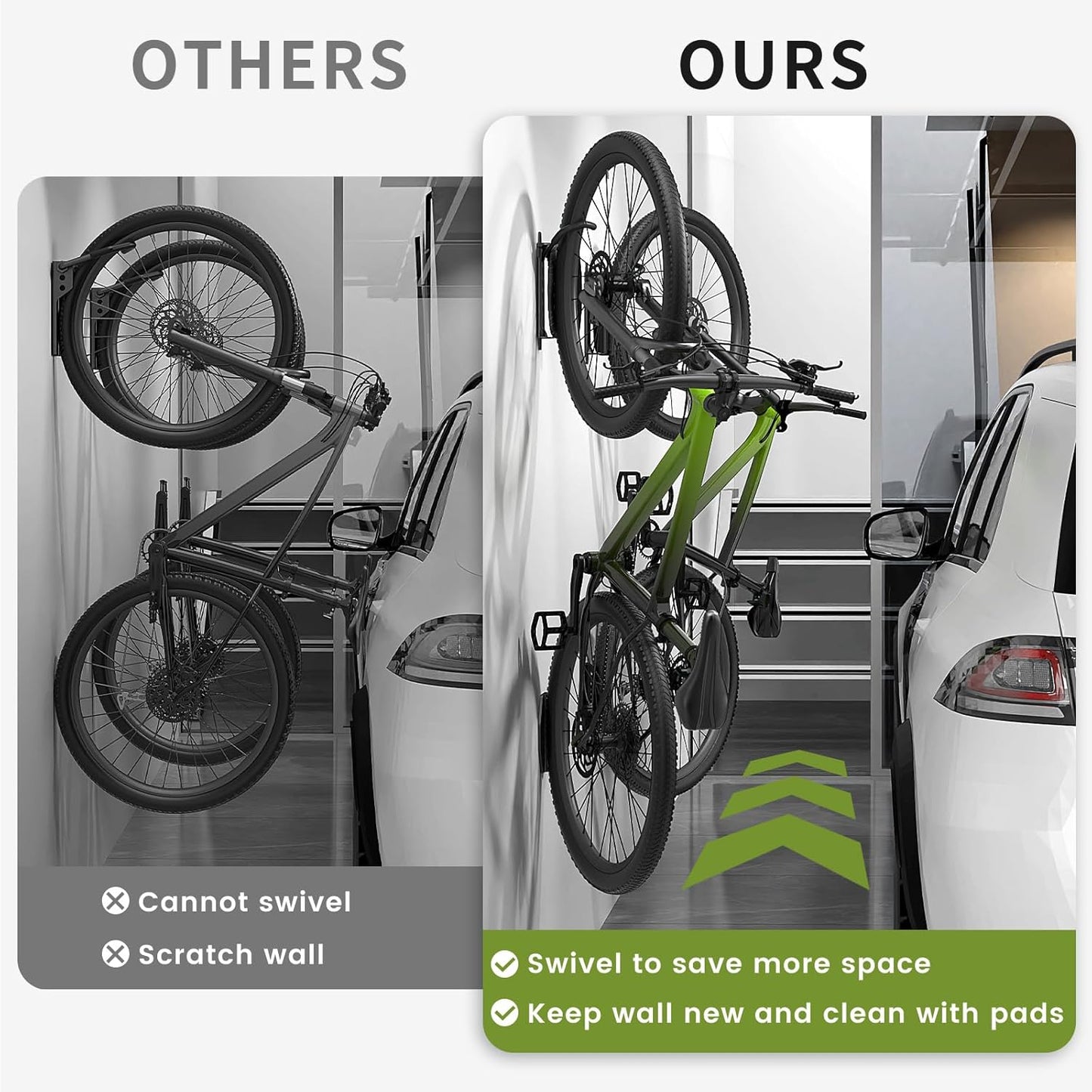 Swivel Bike Wall Mount [1 Pack], 150° Swivel Vertical Bike Rack Wall Hanger Holds up to 66lbs for Mountain/Road/Hybrid Bikes, Bike Hangers, Bicycle Storage Rack for Garage