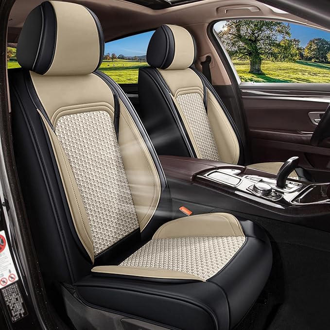 Car Seat Covers Full Set for Nissan Altima 2009-2024 2025 2026 - Breathable Cooling Ice Silk Leather Seat Cover - 5 Seats for Nissan Altima Accessories (Black&Beige)