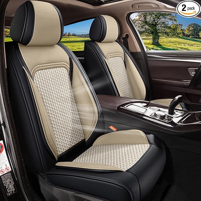 Car Seat Covers Front Seats for Acura TL 2004-2014, Breathable Cooling Ice Silk Leather Car Seat Covers, 2 Seats Vehicle Seat Protector Seat Cushion Auto Accessories (Black&Beige)