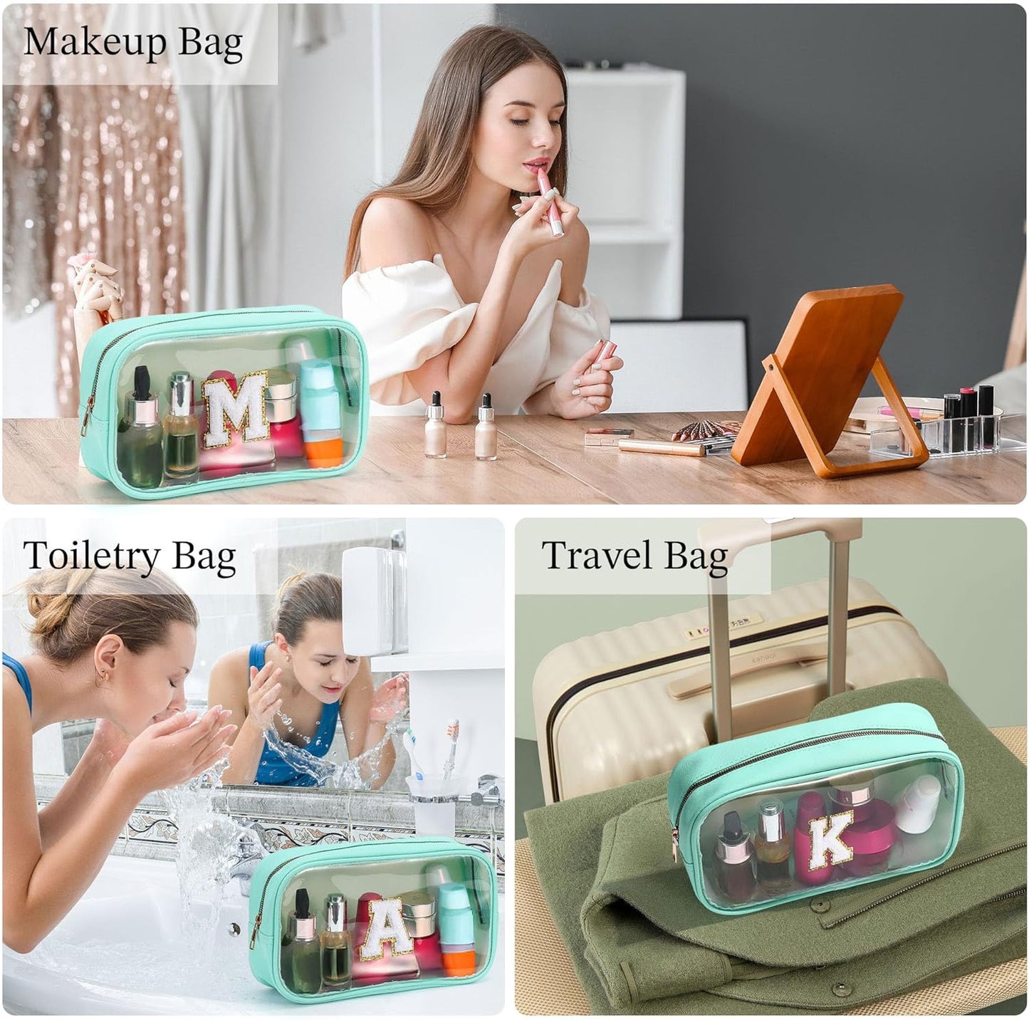YOOLIFE Initial Clear Makeup Pouch, Clear Makeup Bag Cosmetic Travel Beach Toiletry Bag Travel Essentials Gifts for Women Teen Girlfriend Teacher Mom Birthday Gift for Women Teen Zipper Pouch Blue A