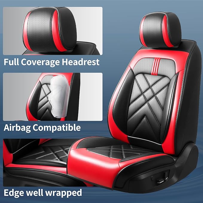 Car Seat Covers Fit for Mazda 3 2007-2026, Premium Leather, Full Coverage Leather Waterproof Breathable Seat Covers, Automotive Seat Protectors, Airbag Compatible(2 Front Seats, Black & Red)