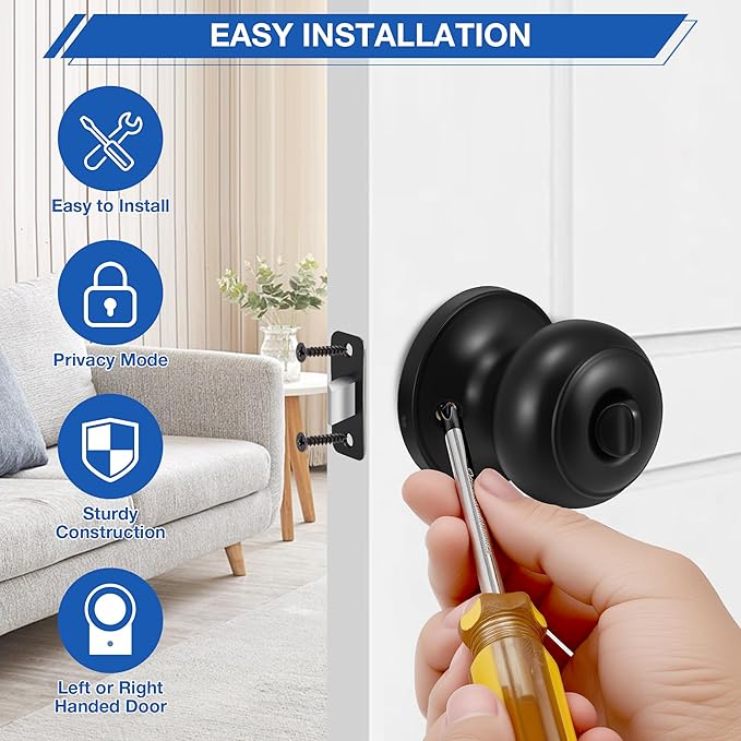 Plustool 10 Pack Matte Black Door knobs, Keyless Interior Door Locks, Round Ball Keyless Doorknobs with Lock Privacy Door Handle for Bedroom Bathroom
