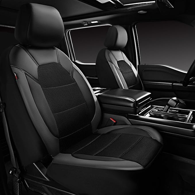 CAR PASS Leather Seat Covers, Automotive Sport Car Seat Cover Super 5mm Composite Sponge Inside, Airbag Compatible Universal Fits Most Cars, SUVs, Trucks and Vans (Full Set,Black & Gray)