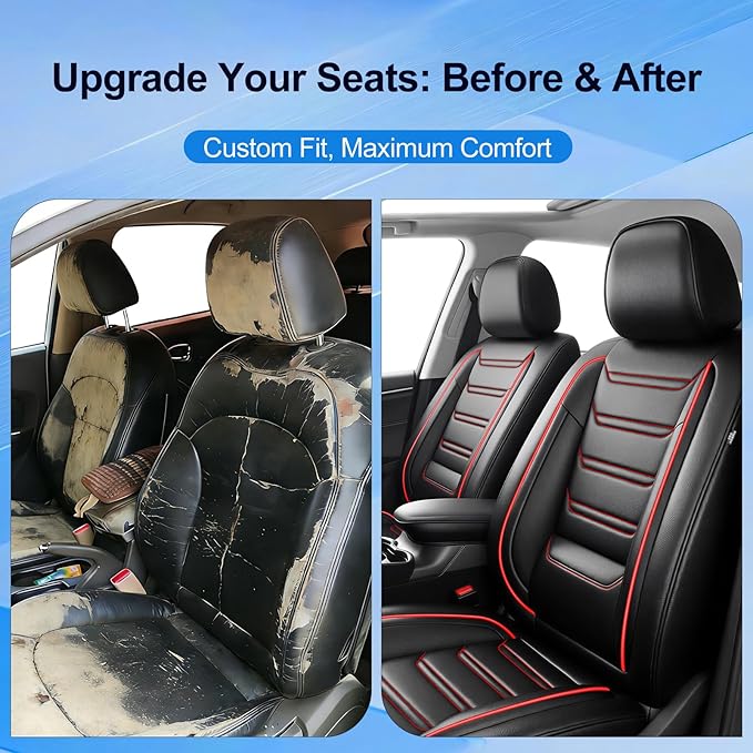 Fit Cruze Car Seat Covers (Front Pair) for Select Chevrolet/Chevy Cruze 2011-2019 - Premium Full Coverage Leather, Airbag Compatible, Waterproof & All Weather Seat Cushion Protector, Red Trim