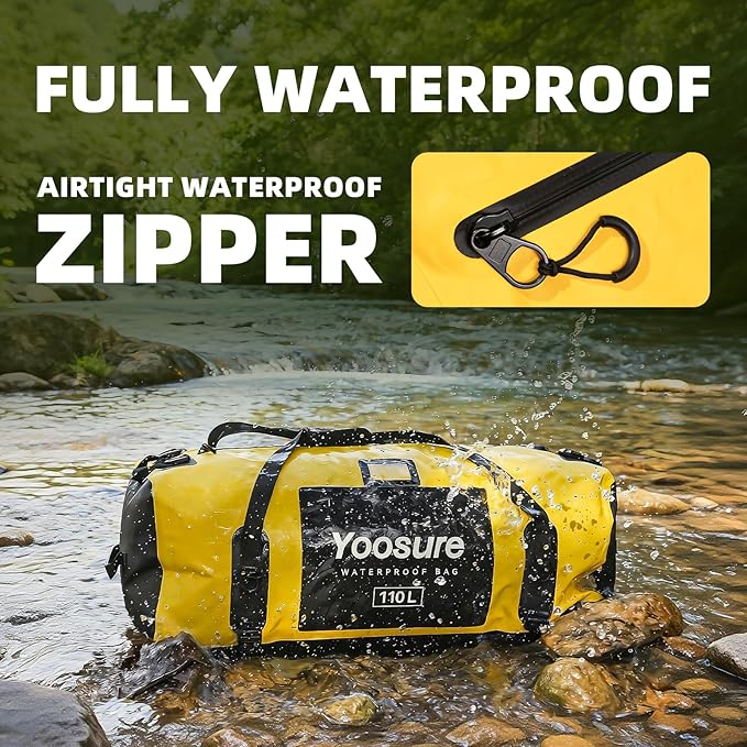 Waterproof Duffel Bag 110L- 700D PVC Dry Bag with Airtight Zipper, Large Dry Bag with Straps&Handles for Camping Boating Kayaking Rafting Canoeing Gym Beach Car Roof Storage (Grey)