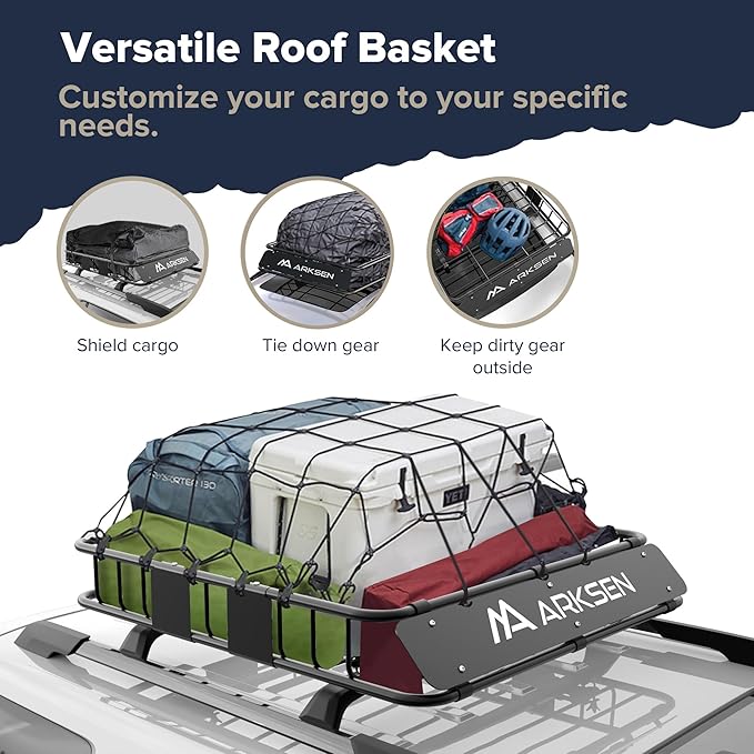 ARKSEN 43" x 39" x 6" Roof Rack Basket with Extension, Waterproof Cargo Bag, Net & Ratchet Straps, 150 lb Heavy-Duty Steel Cargo Carrier, Fits Crossbars up to 1.38" Thick, for SUV & Pickup Truck