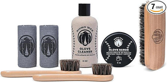 Rhino Wax - Baseball Gloves Complete Cleaning Kit - Glove Scrub for Deep Dirt Removal + Base Ball Mitt Cleaner for Gentle Routine Maintenance - Includes 2 Brushes + Microfiber Cloths - Made in the USA