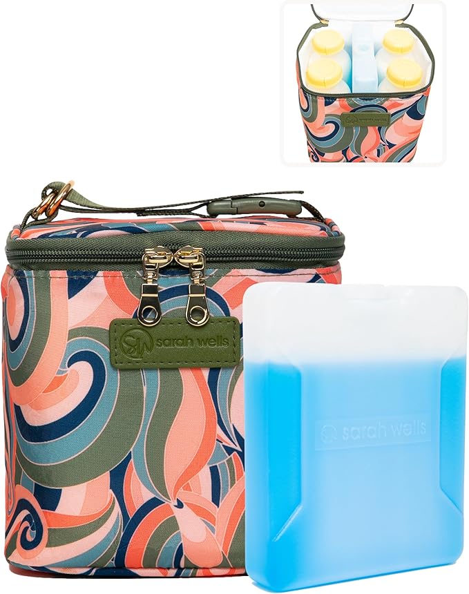 Sarah Wells Cold Gold Breastmilk Cooler Bag with Safety Tested Ice Pack – Insulated Milk Storage for Work, Travel & Daycare – Fits Bottles & Pump Parts – Durable, Washable (Groovy)