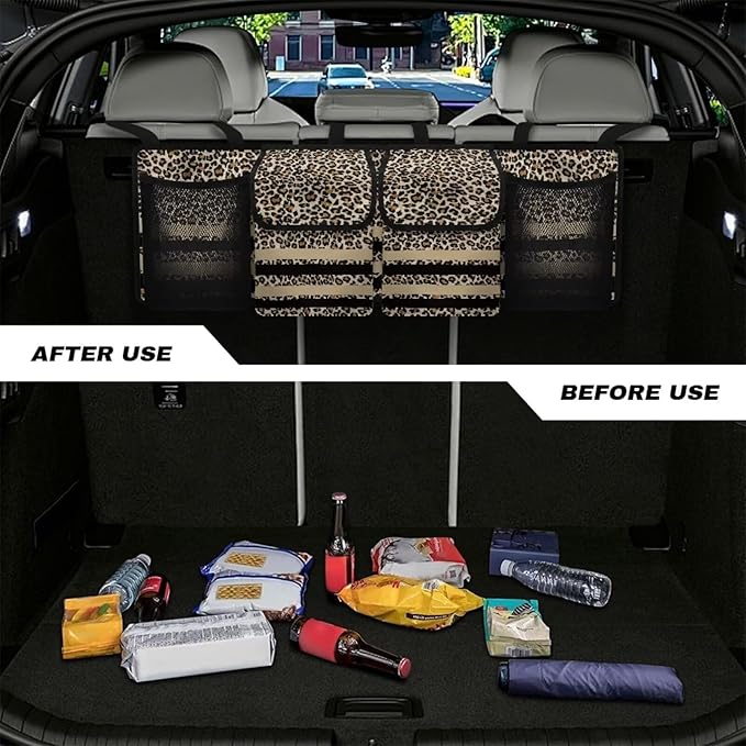 Hanging Backseat Trunk Organizer for Car Brown Leopard Print Car Storage Organizer Multipurpose Cargo Bag with 3 Adjustable Buckles