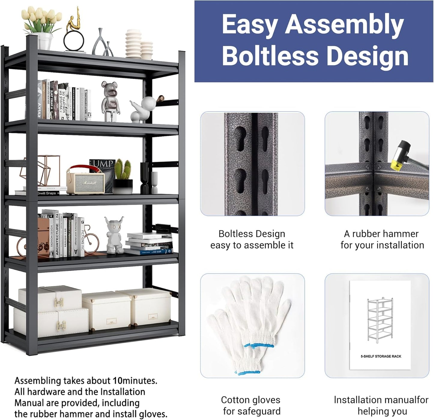 TOPKEY Metal Storage Shelf Garage Storage Shelves, Heavy Duty 5-Tier Utility Shelves for Garage, Kitchen, Warehouse, Adjustable Basement Storage Rack, Load 2500LBS, 78" H x 47.2" W x 18" D
