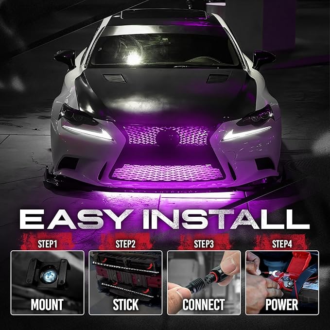OPT7 Aura 4PCS RGB LED Grille Lights with Remote Control, 12 inches Waterproof LED Strip Lights, Multicolor, Dimmer, Fade, Cycle, Strobe, Peel'n'Stick Front Grill Valence, Car Truck SUV Decorations