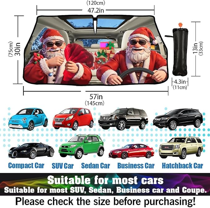 Fun Christmas Man Driving Car Windshield Sunshade Umbrella Christmas Sun Shade for Car Windshield Umbrella Upgraded Sunshades Blocks UV & Heat Front Window Shades for SUV Sedan Auto