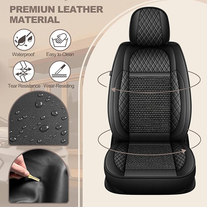 TTX LIGHTING for VW Taos 2022-2026 Car Seat Covers, Breathable Ice Silk & Leather Seat Protector, Cool & Anti-Sweat for Long Driving, Airbag Compatible, 2 Front Seats (Black)