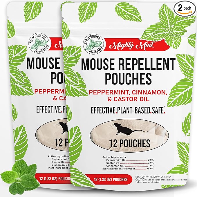 Mighty Mint Mouse Repellent Pouches – Peppermint, Castor Oil & Cinnamon Formula – Natural Indoor Deterrent for Mice and Rodents – Plant-Based, Long-Lasting Protection – 12 Count (Pack of 2)