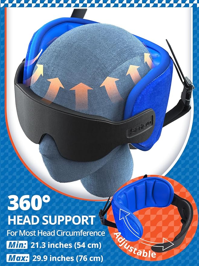 Travel Pillows for Airplanes, Airplane Pillow for Long Flight, Airplane Head Strap with Sleep Eye Mask, 360° Support Headrest for Car Trip, Travel Essentials Stop Bobblehead, Mottled Blue