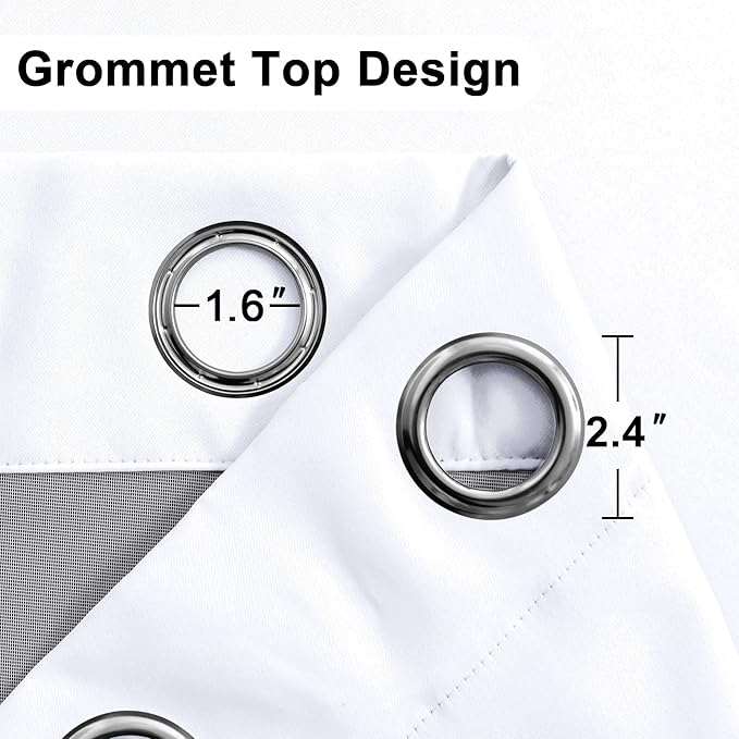 XWZO 100% Blackout Curtains 63 Inches Length with Tiebacks- Full Shade Window Drapes Thermal Insulated Double Layer with Black Liner for Bedroom/Living Room, Grommet Top, White, W52 x L63, Set of 2