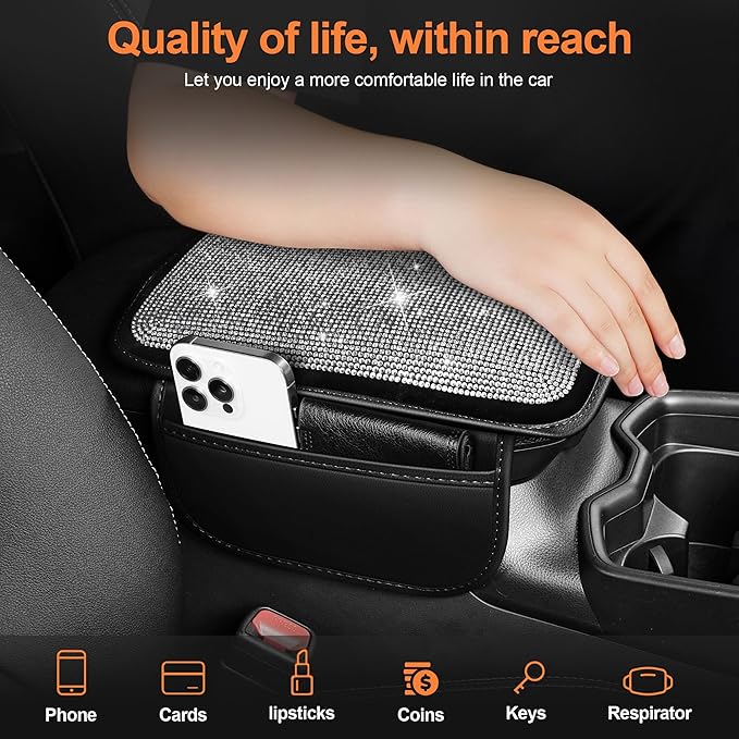 Bling Car Center Console Cover Custom Fit for Jeep Gladiator - Leather Armrest Cover with 2 Storage Pockets and Crystal Rhinestones(Black)