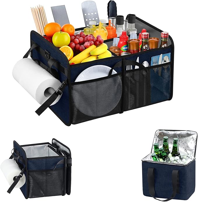 WOMACO Grill BBQ Caddy with Cooler Bag and Paper Towel Holder, Picnic Organizer for Utensil, Plate, Condiment, Griddle Caddy for Outdoor, Camper, Travel, Car, RV Must Haves (Dark Blue)