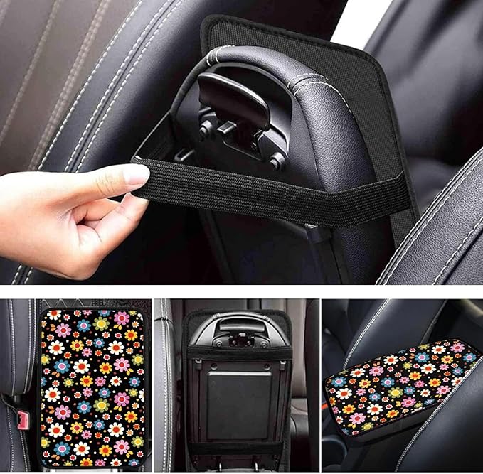 UNICEU Car Center Console Armrest Cushion Pad- Colorful Cute Daisy Flowers Print Auto Interior Decor Accessories Neoprene Armrest Box Protector Cover