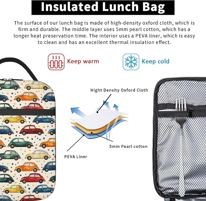 Car Theme Lunch Box for Women Adults Kids, Insulated Cooler Polyester Vintage Classic Cars Lunch Bag for Picnic, School, Office, Travel, Work, Portable Reusable Tote Thermal Lunch Bags