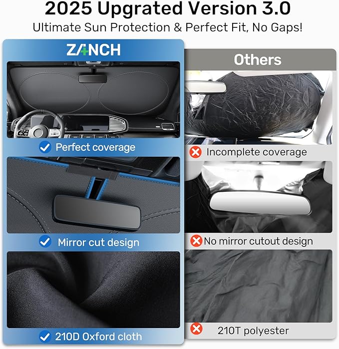 2025 Upgraded Zanch Car Front Windshield Sun Shade - Ultimate UV Protection & Heat Reduction|Innovative No Light Leakage Technology|Foldable Design for RV/Thor, 3X-Large(102'' x 51'')