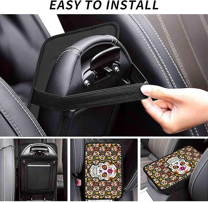 Universal Car Center Console Cushion Pad, Sugar Skull Soft Waterproof Car Center Console Cover Auto Armrest Seat Box Cover Protector for Most Vehicle SUV Truck Car