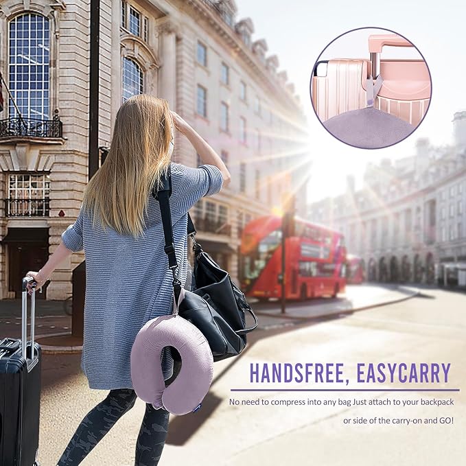 Travel Pillow Memory Foam for Airplanes - Neck Pillow for Traveling, Car, Home, Flight Pillow for Sleeping with Attachable Snap Strap Soft Washable Cover, Provide Head Neck Support Rest, Gray Purple