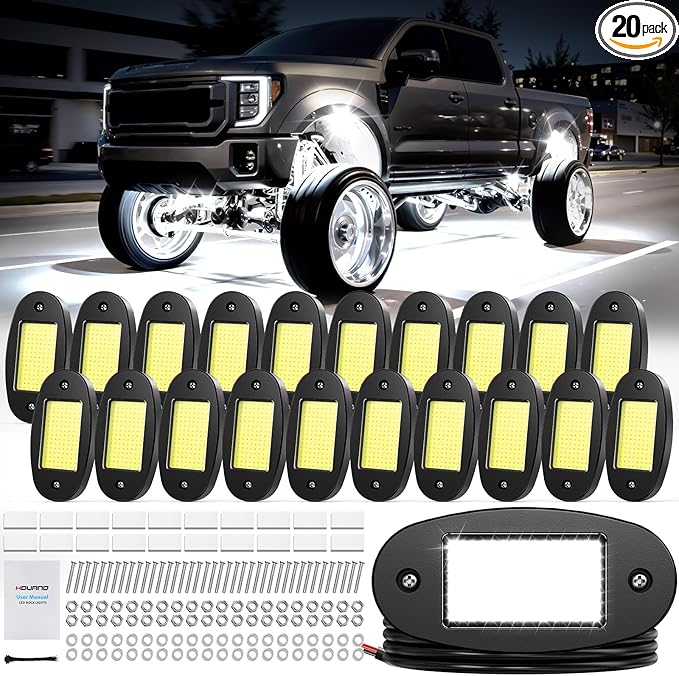Hovano 20 Pods COB White Rock Lights, 120 COB Chips 6500K Pure White Super Bright Neon Underglow, IP68 Waterproof Shockproof Off-Road Light Kit for Pickup Trucks, SUV, UTV, ATV, RZR, Cars & Boats