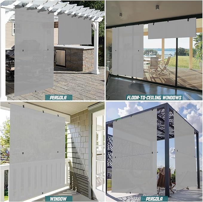 Bynbbur 8'W x 6'H Outdoor Patio Shades Foldable Roller Blinds, 220 GSM Sun Shade Roll Up Porch Screens Exterior Shade Cloth for Deck Pergola Backyard, Light Gray