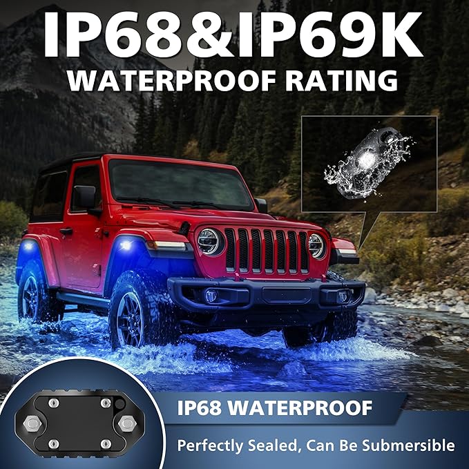 4WDKING Red LED Rock Lights, 4 Pods IP68 Waterproof Underbody Glow Trail Rig Lamp LED Neon Lights for Truck Off Road Truck Car Boat ATV SUV Motorcycle