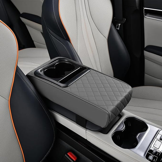 Center Console Cover Car Armrest Box Pad Leather Arm Rest Cushion with Cup Holder Mobile Phone Storage Armrest Protection Pad for Car (Grid Grey, 13.58 * 8.07 * 2.95 inch)