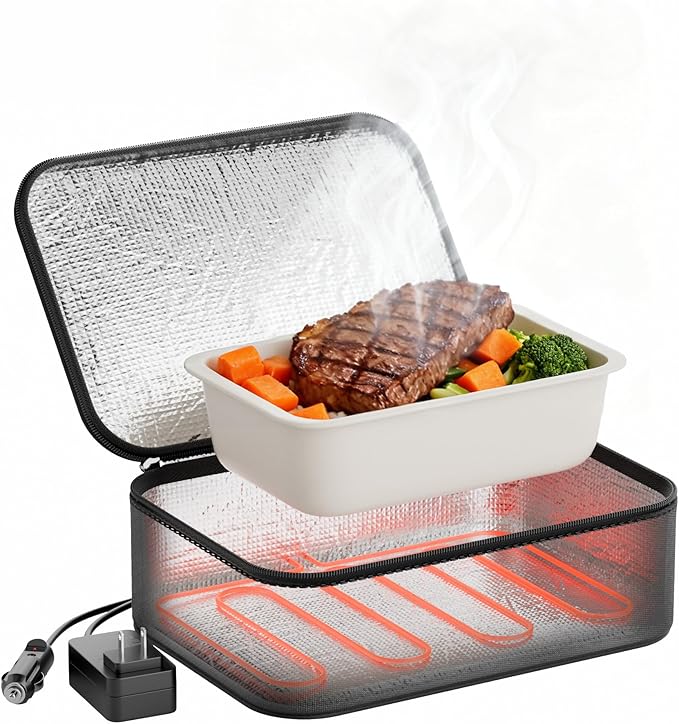 Portable Food Warmer - Heated Lunch Box for Adluts - Electric Thermal Lunch Bag with Buckle Handle, Heating Food Warmer Bags for 12V/24V Car & Truck, 110V/220V Home/Office, Navy Blue