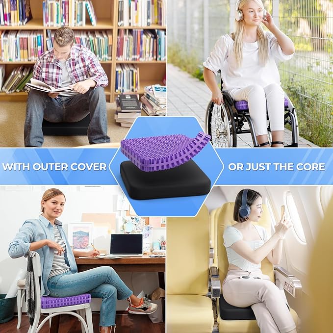TushGuard Gel Seat Cushion for Long Sitting, Enlarged & Thickened Patent Design, Breathable Cooling for Office Chair, Soft Car Seat Cushion for Wheelchair (2.2" Thick, Black)
