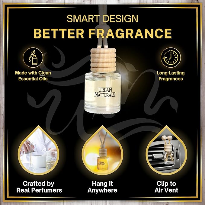 Urban Naturals Car Air Freshener Smoked Vanilla Scent Diffuser, Long Lasting Car Fresheners Made in USA, Odor Eliminating Technology, Hanging Auto Accessories + Vent Clip (1 Pack)