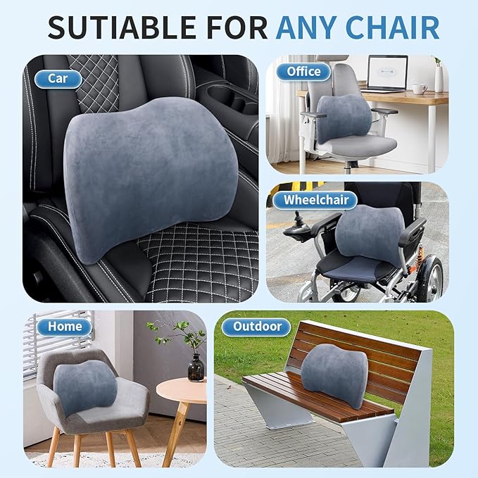 Lumbar Support Pillow for Car, Memory Foam Back Support Lumbar Pillow for Car, Gaming, Office Chair, Ergonomic for Lower Back Pain Relief, Comfortable and Soft Fabric, Crey