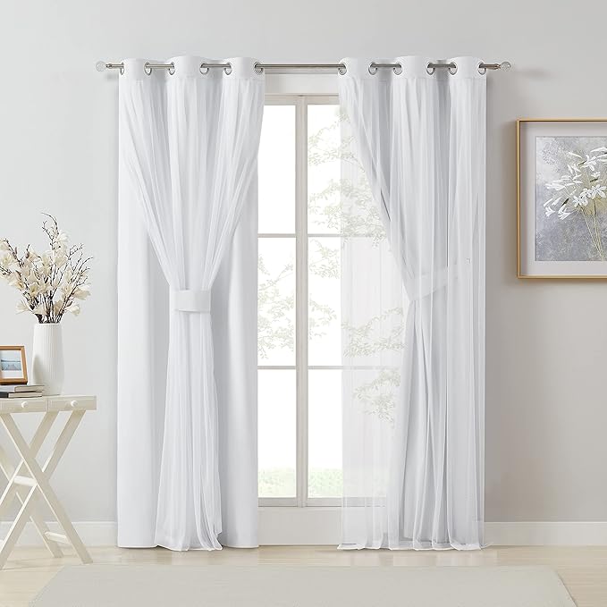 Bujasso White Full Blackout Curtain Panels with Sheer Overlay Mix and Match Double Layer Thermal Insulated Window Treatment Set for Living Room White Drapes with Tiebacks Grommet Top 37" Wx108 Lx2
