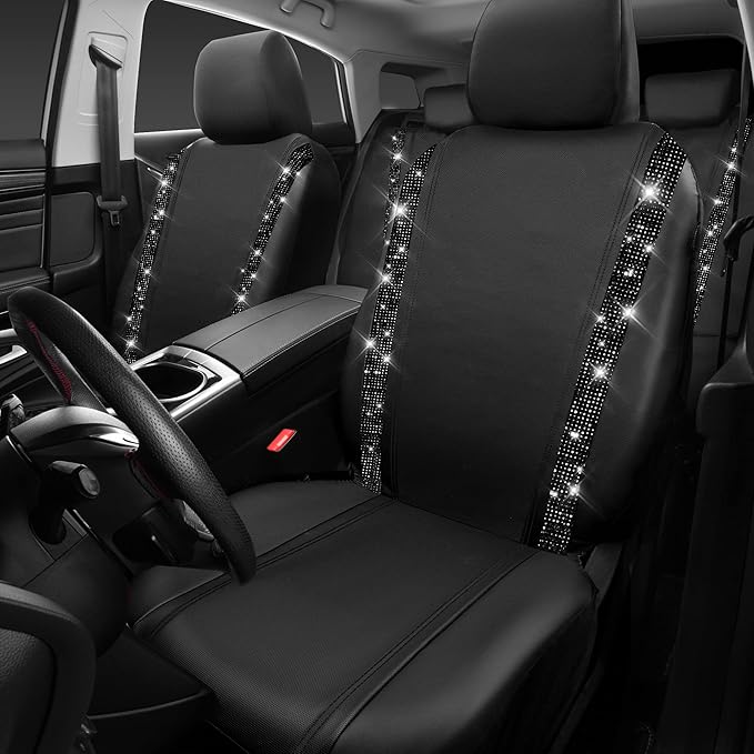 CAR PASS Bling Diamond Car Seat Covers,Shining Rhinestones Waterproof Faux Leather, 8 Seats 3 Rows with Zipper Glitter Crystal Sparkle Strips Universal Fit 95% MPV,SUV,CAR for Women Girl, Black