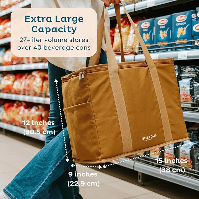 Nook Theory Reusable Insulated Grocery Bag - Leak Proof, X Large Cooler Bag - Insulated Shopping Bags for Groceries - Travel Cooler Bag for Frozen and Hot Food with Zippered Top (Full Sage)