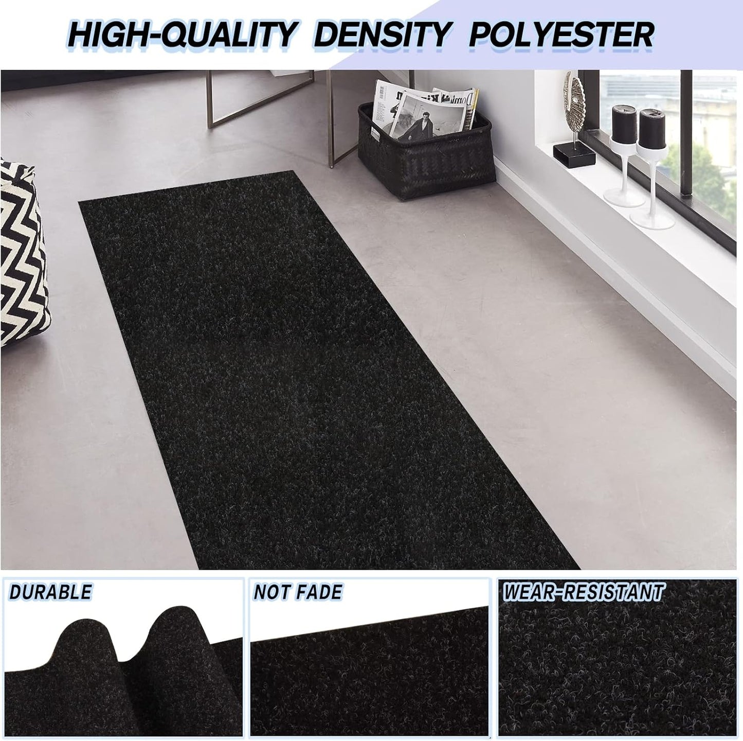 Custom Size Backed Non-Slip Area Rugs Runner, Easy Clean, Waterproof Runner Rugs for Hallway Entryway, Kitchen, Laundry, 3FT x 50FT, Black