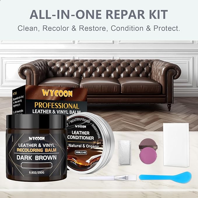 Leather Recoloring Balm with 100ml Mink Oil Conditioner | Dark Brown Repair Kit, Dye & Color Restorer for Furniture, Sofa Car Seats, Bags | Restore Faded & Scratched Surfaces