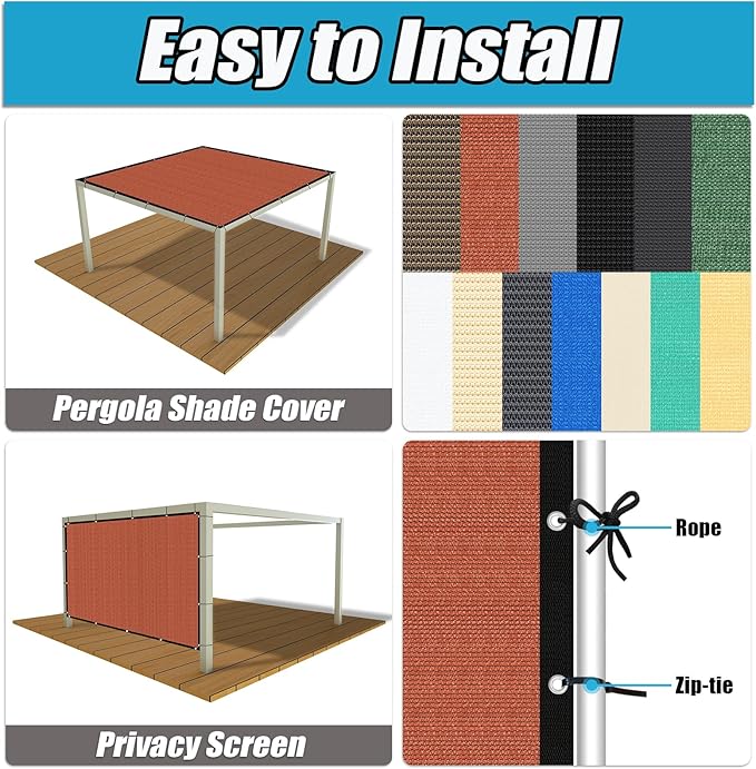 Amagenix 90% Pergola Shade Cover 7' X 8' Sun Shade Cloth with Grommets for Outdoor Garden Patio Porch, Commercial Grade 200 GSM - Cable Zip Ties Included (We Customized) GN108, Rust Red