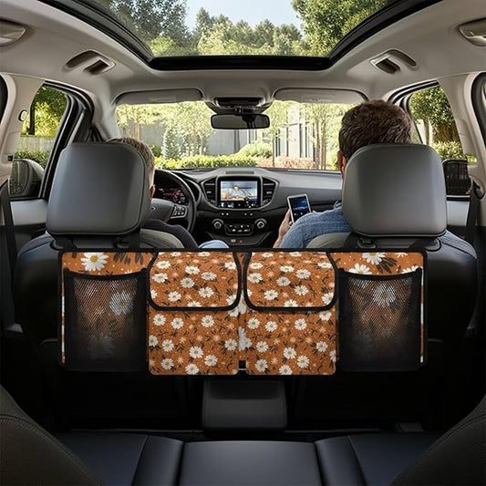 Orange Daisy Print Car Trunk Organizer Bag, Foldable Car Back Seat Storage Bag with 4 Pockets Car Interior Accessories for SUV MPV Sedans Pickup Jeep Trucks