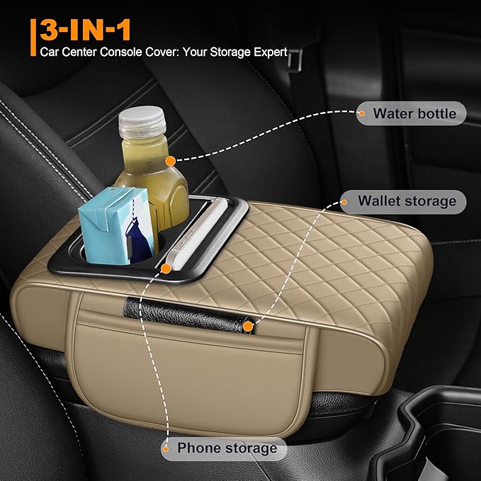Armrest Cover for Car Fit for Jeep Cherokee - Center Console Cover with Cup Holders and 2 Storage Pockets(Beige)