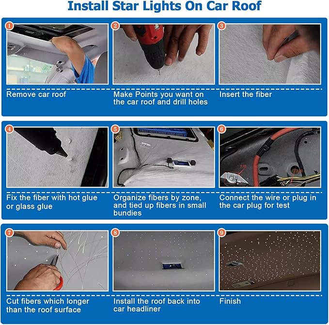 AMKI Mini 6W Starlight Headliner Kit 400pcs 0.03in 9.8ft,Twinkle+Sound Activated Fiber Optic Light 4Lamp Beam Starlight Box APP/Remote Control for Car Home Star Ceiling Decoration