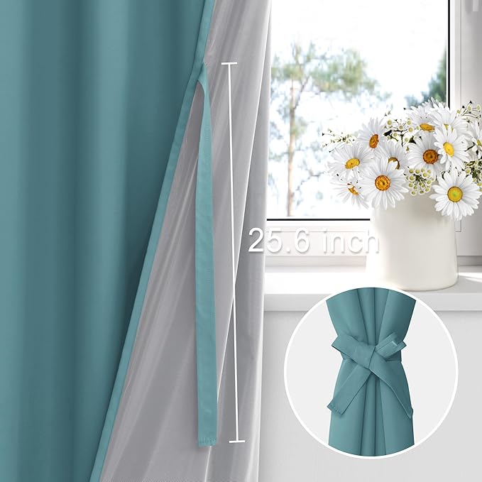 XWZO 100% Blackout Curtains - Thermal Insulated Black Liner Curtains, Noise Reducing and Heat Blocking Drapes for Hall and Studio Windows with Tiebacks, Stone Blue, W52 x L95, Set of 2