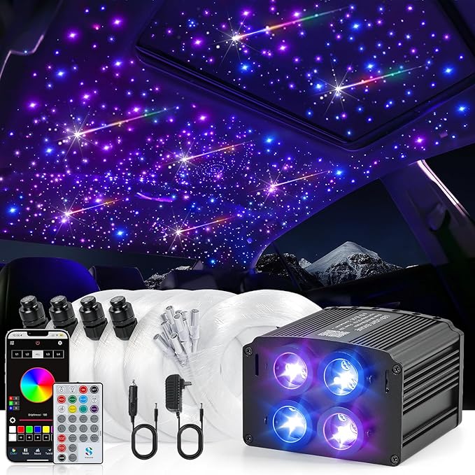 4 Colors 32W Twinkle & Meteor Starlight Headliner Kit for Car Home, 2-in-1 Light Engine 460pcs*0.03in*9.8ft+240 RGBW Fiber Optic Cable Shooting Car Star Sky Roof Lights, Ceiling Star Lights for Car